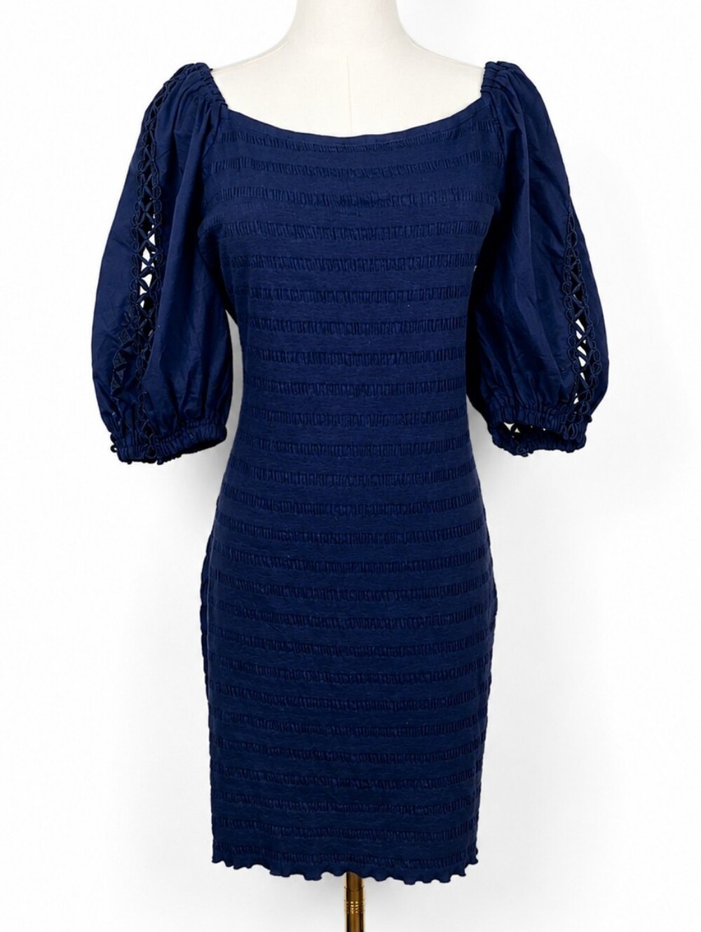 Betsey Johnson Navy Smocked Puff Sleeve Square Neck Cottagecore Mini Dress Large
